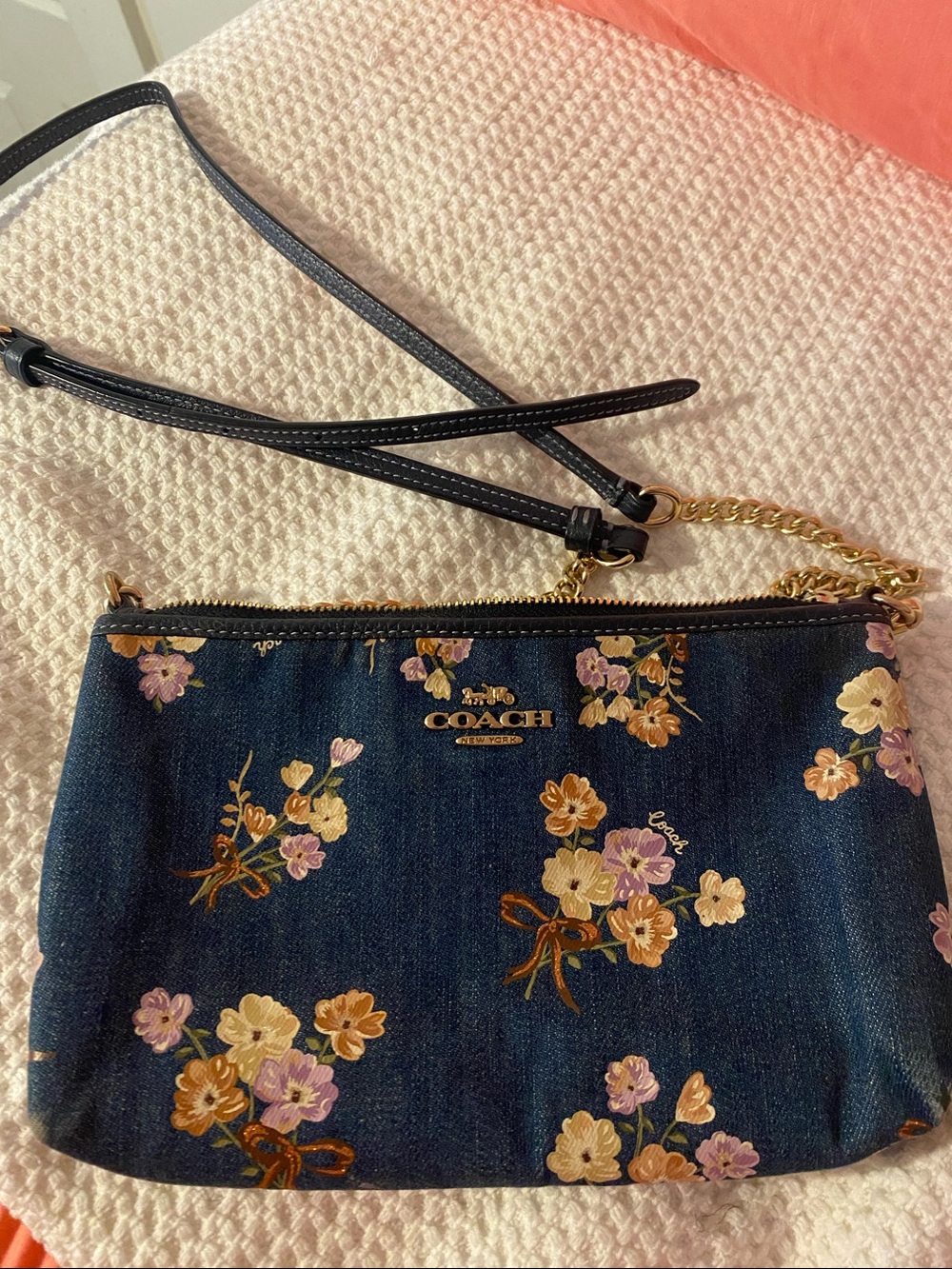 COACH Navy Floral Denim Crossbody with Gold Hardware